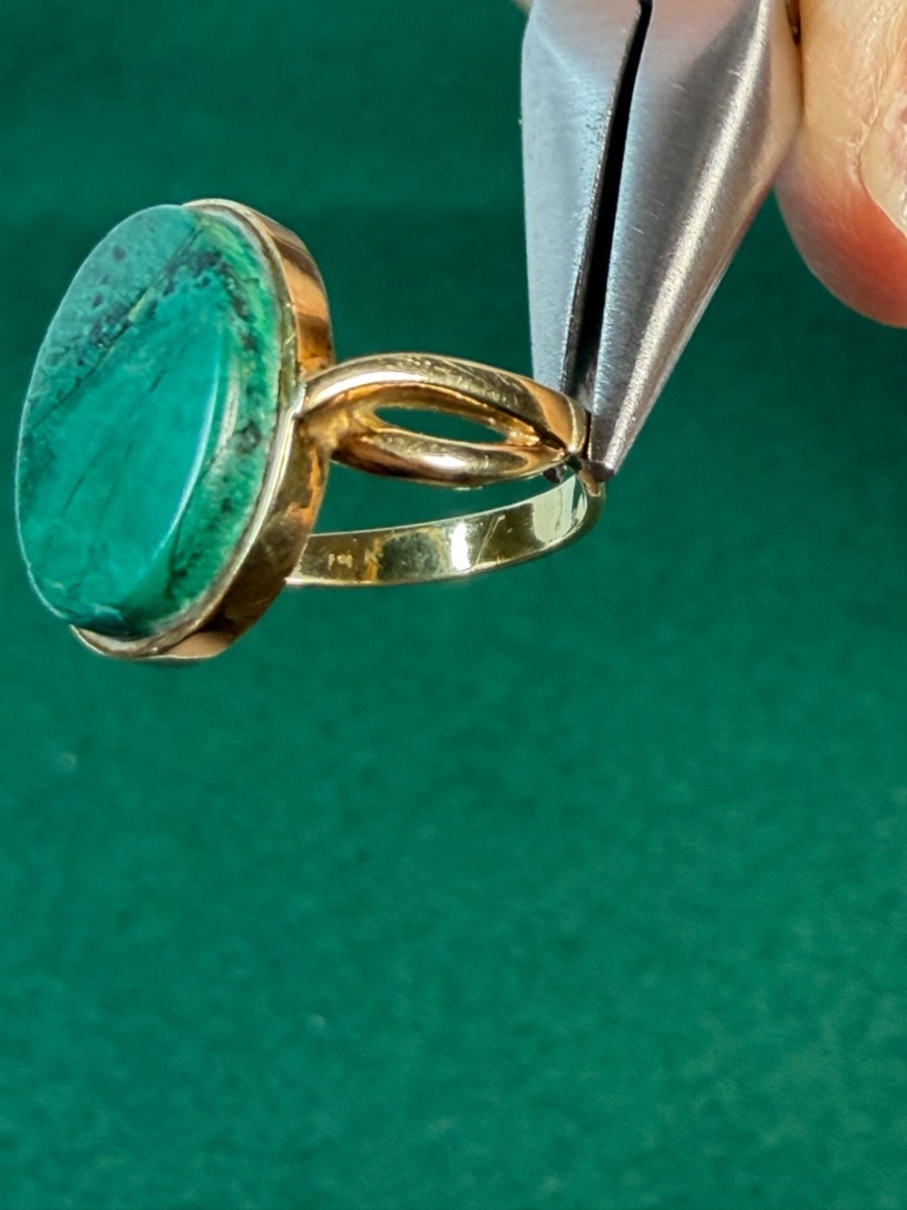 14K Gold Malachite Ring Oval Cabochon Green Stone Statement Ring - Picture 3 of 14